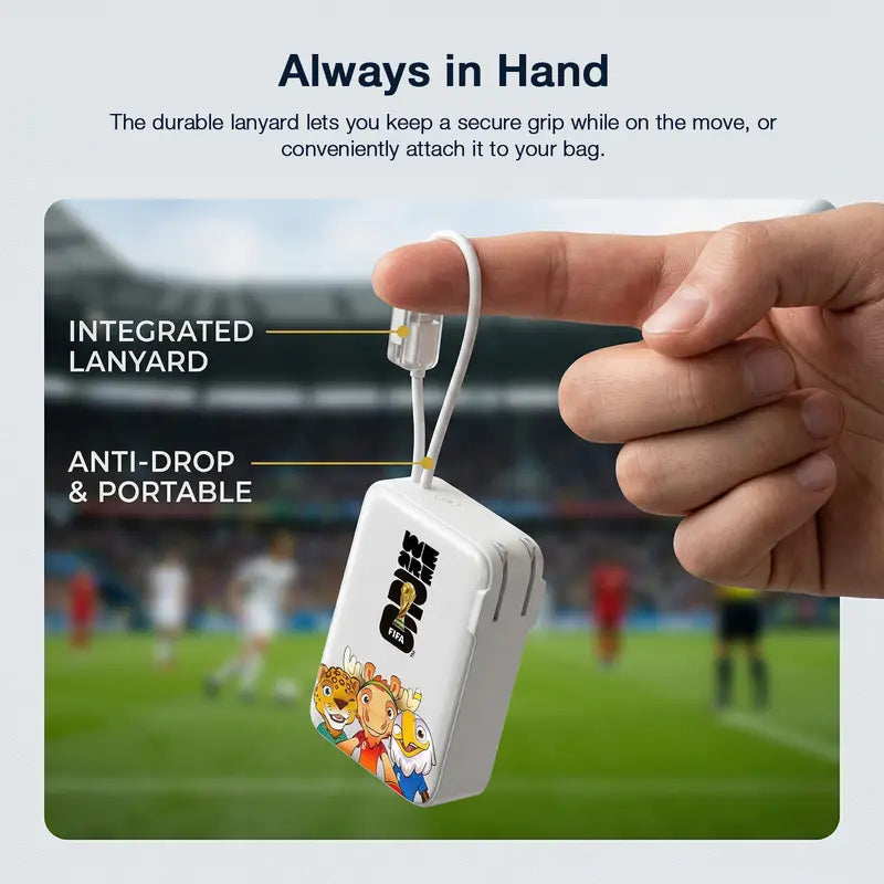 Official FIFA World Cup 2026 Edition, 3-in-1 Power Bank with Built-in Cable and Foldable Wall Plug, 22.5W Max 10000mAh Portable Charger Power Bank for iPhone 17/16 Series, Galaxy S26/S25, White