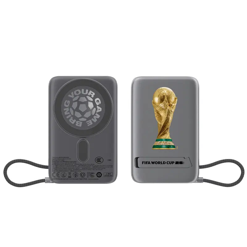 Official FIFA World Cup 2026 Edition, 10000mAh Magnetic Power Bank with Built-in Cable and Stand, 15W Max Wireless, 22.5W Max Battery Pack for iPhone 17/16 Series, Apple Watch, Galaxy, Black