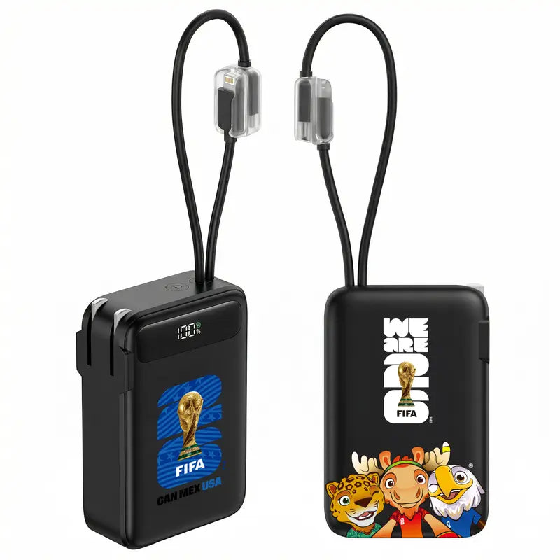 Official FIFA World Cup 2026 Edition, 3-in-1 Power Bank with Built-in Cable and Foldable Wall Plug, 22.5W Max 10000mAh Portable Charger Power Bank for iPhone 17/16 Series, Galaxy S26/S25, White