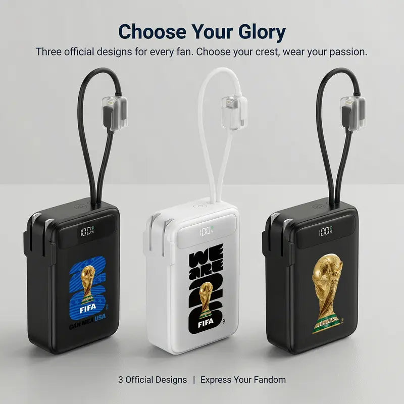Official FIFA World Cup 2026 Edition, 3-in-1 Power Bank with Built-in Cable and Foldable Wall Plug, 22.5W Max 10000mAh Portable Charger Power Bank for iPhone 17/16 Series, Galaxy S26/S25, White