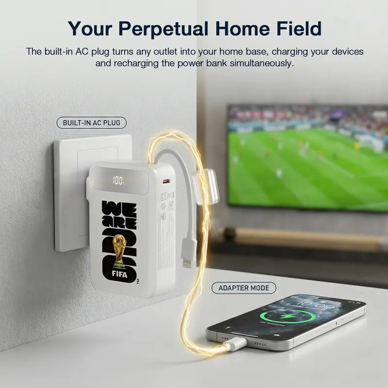 Official FIFA World Cup 2026 Edition, 3-in-1 Power Bank with Built-in Cable and Foldable Wall Plug, 22.5W Max 10000mAh Portable Charger Power Bank for iPhone 17/16 Series, Galaxy S26/S25, White
