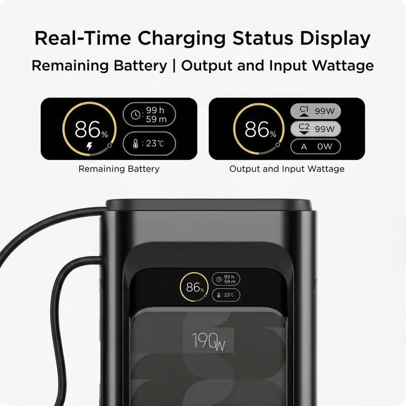 FIFA World Cup 2026 190W Laptop Power Bank with Built-in Cable, 20000mAh, 2-Port, Smart Display, TSA Approved Power Bank for Laptop, MacBook, iPhone 17/16, Galaxy, White