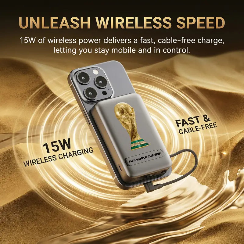 Official FIFA World Cup 2026 Edition, 10000mAh Magnetic Power Bank with Built-in Cable and Stand, 15W Max Wireless, 22.5W Max Battery Pack for iPhone 17/16 Series, Apple Watch, Galaxy, Black