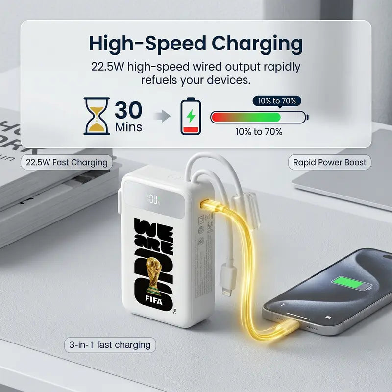 Official FIFA World Cup 2026 Edition, 3-in-1 Power Bank with Built-in Cable and Foldable Wall Plug, 22.5W Max 10000mAh Portable Charger Power Bank for iPhone 17/16 Series, Galaxy S26/S25, White