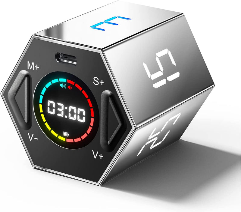 Ticktime Pomodoro Timer, Productivity Timer Cube, Hexagon Magnetic Flip Focus Timer, Mute & Adjustable Sound Alert, for Work, Office, ADHD, Study, Task, 3/5/10/15/25/30min & Custom Countdown - Gray
