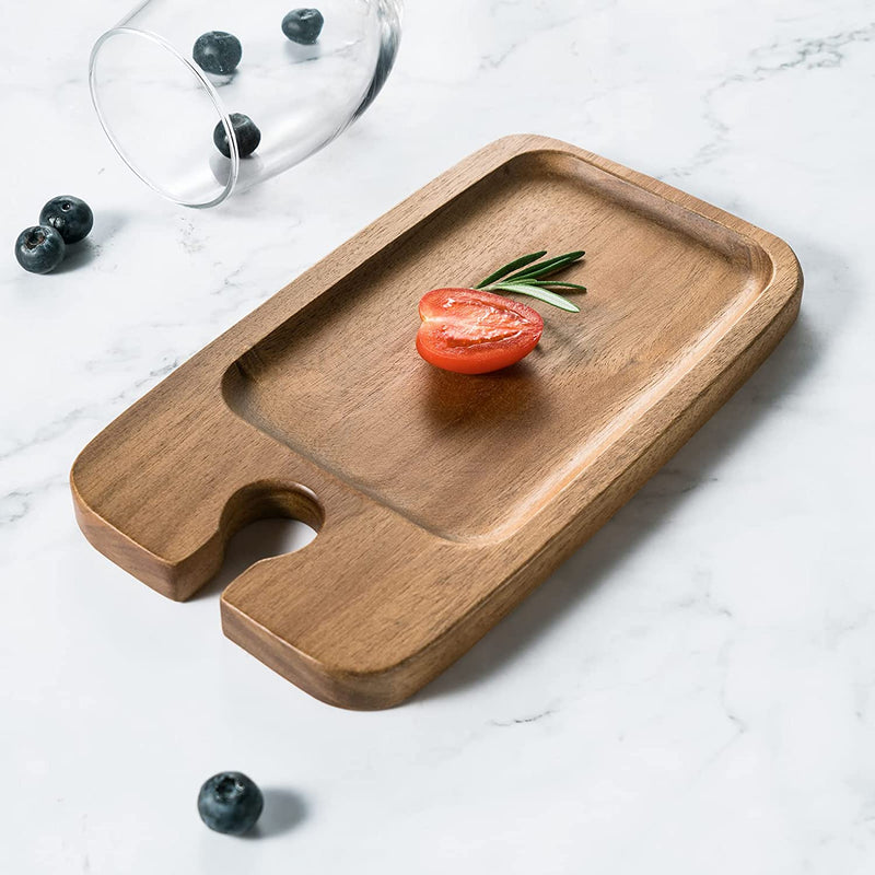 JF JAMES.F Wine Appetizer Plate Set of 2- Cocktail Plate with Glass Holder - Cheese Board with Wine Holder, (Acacia Wood)