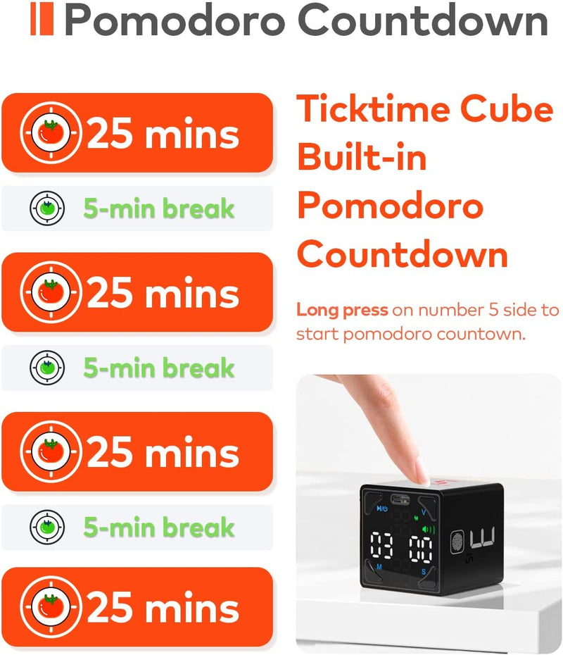 Ticktime Cube Pomodoro Timer, Productivity Timer, Pause & Resume, Mute, Vibration & Adjustable Sound Alert, for Task, Work, ADHD, ADD, Meeting, 1/3/5/10/15/25/45/60min & Custom Countdown - Black