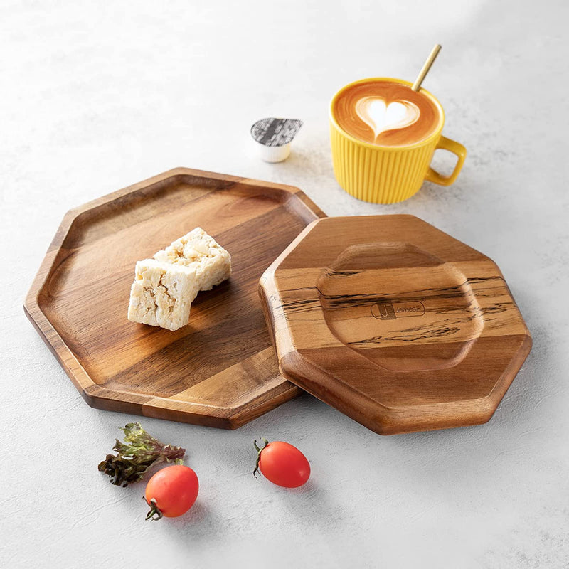 JF JAMES.F Serving Trays – Set of 4 Same Size Round Acacia Wood Tray Can Be Used in Cafes, Parties, Etc. for Serving Coffee Beverages Tea Plate Dessert Dinner Breakfast Plate Tray