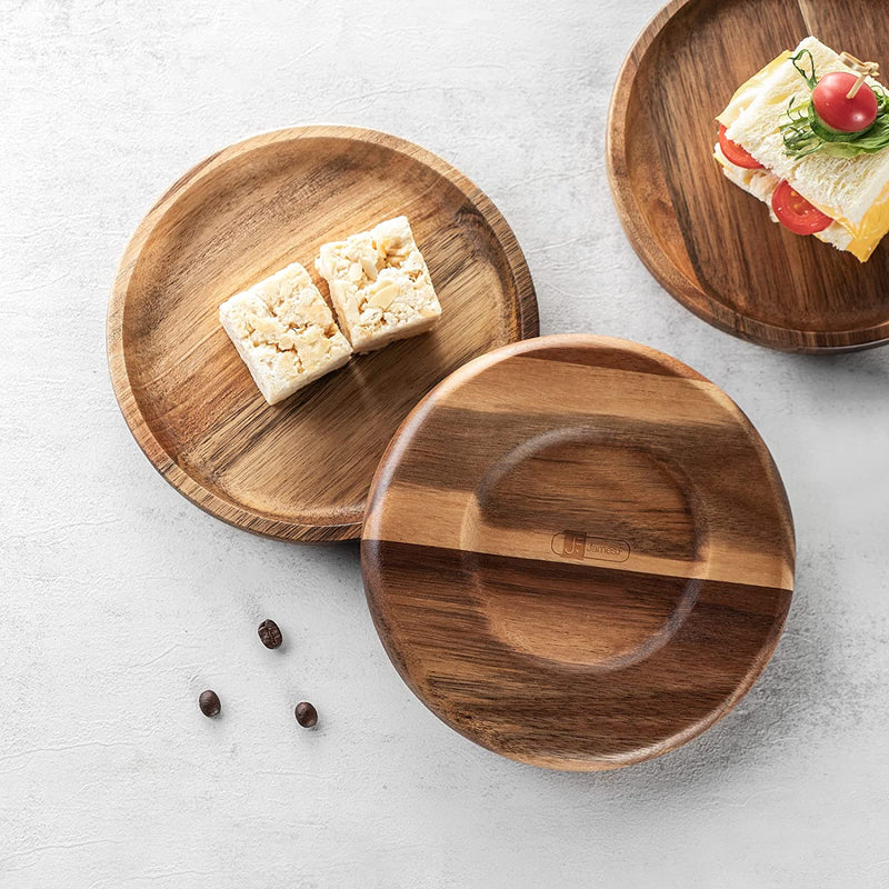 JF JAMES.F Round Wooden Plate Food Tray Decorative Tray Serving Tray Small Kitchen Supplies for Kitchen Restaurant Party Cafe Wooden Tray Same Size Four Sets 17x2.0cm