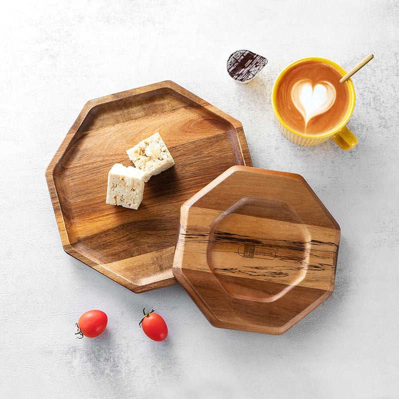 JF JAMES.F Serving Trays – Set of 4 Same Size Round Acacia Wood Tray Can Be Used in Cafes, Parties, Etc. for Serving Coffee Beverages Tea Plate Dessert Dinner Breakfast Plate Tray